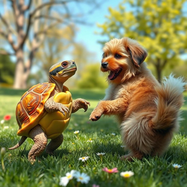 A whimsical scene depicting a brave turtle standing on its hind legs, playfully confronting a friendly dog with a playful expression