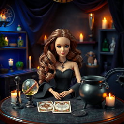 A Barbie witch with wavy brown hair parted in the middle, sitting at a table surrounded by magical elements