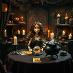 A Barbie witch with wavy brown hair parted in the middle, sitting at a table surrounded by magical elements