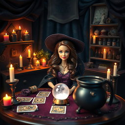 A Barbie witch with wavy brown hair parted in the middle, sitting at a table surrounded by magical elements