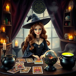 A Barbie witch with wavy brown hair parted in the middle, sitting at a table surrounded by magical elements