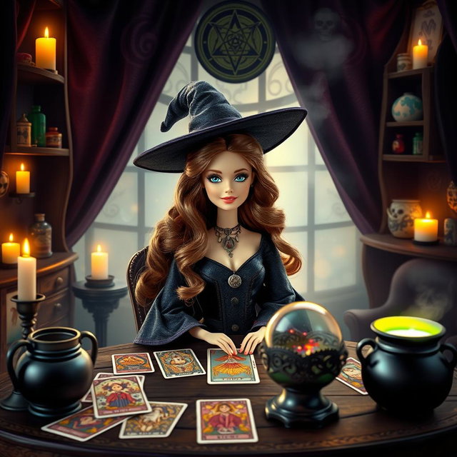 A Barbie witch with wavy brown hair parted in the middle, sitting at a table surrounded by magical elements