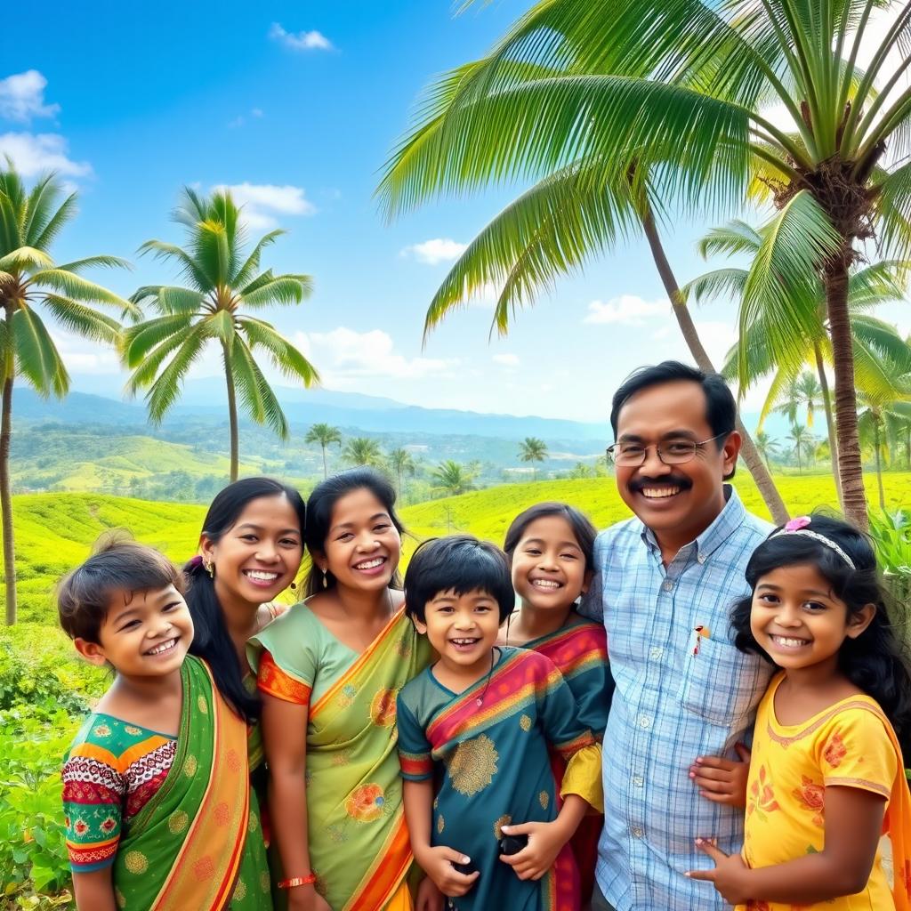 A joyous family gathered together in a lush Sri Lankan landscape, showcasing vibrant greenery and palm trees