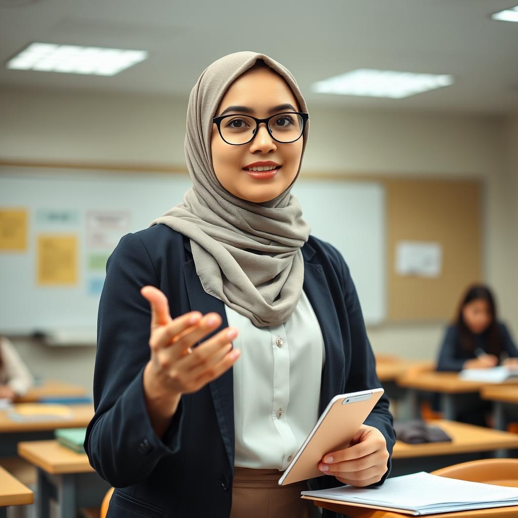A professional female lecturer wearing a hijab, dressed in appropriate attire for her academic role, actively engaged in a typical teaching activity such as giving a lecture or interacting with students