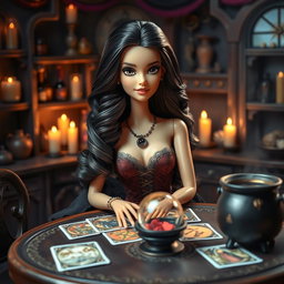 A Barbie witch with dark wavy hair that is parted in the middle and has brown eyes, sitting at a table filled with tarot cards, a crystal ball, and a cauldron
