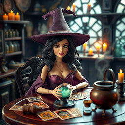 A Barbie witch with dark wavy hair that is parted in the middle and has brown eyes, sitting at a table filled with tarot cards, a crystal ball, and a cauldron