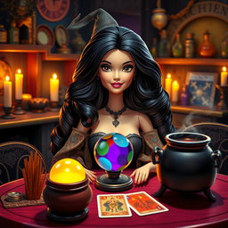 A Barbie witch with dark wavy hair that is parted in the middle and has brown eyes, sitting at a table filled with tarot cards, a crystal ball, and a cauldron