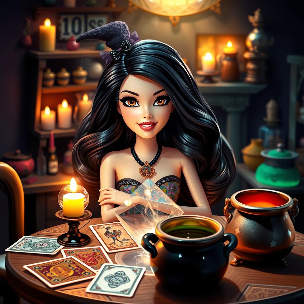A Barbie witch with dark wavy hair that is parted in the middle and has brown eyes, sitting at a table filled with tarot cards, a crystal ball, and a cauldron