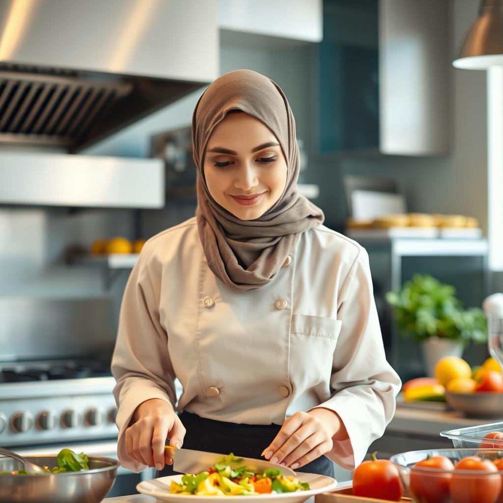 A female professional chef wearing a hijab and appropriate culinary attire, skillfully engaged in a typical cooking activity, such as chopping vegetables or plating a dish, in a bright, well-lit kitchen environment