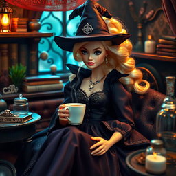 A beautiful blonde Barbie dressed as a witch, sitting in a cozy witch room, surrounded by magical elements