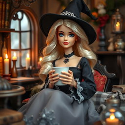 A beautiful blonde Barbie dressed as a witch, sitting in a cozy witch room, surrounded by magical elements