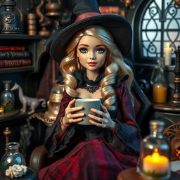A beautiful blonde Barbie dressed as a witch, sitting in a cozy witch room, surrounded by magical elements
