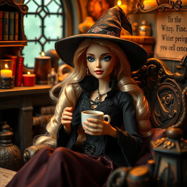 A beautiful blonde Barbie dressed as a witch, sitting in a cozy witch room, surrounded by magical elements