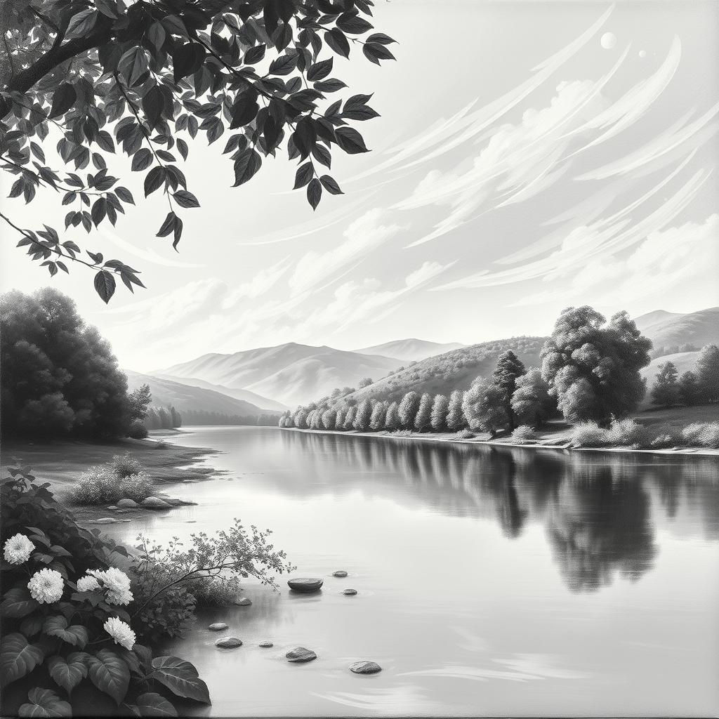 A beautiful black and white oil painting of a serene landscape scene featuring a calm river, surrounded by lush trees and rolling hills
