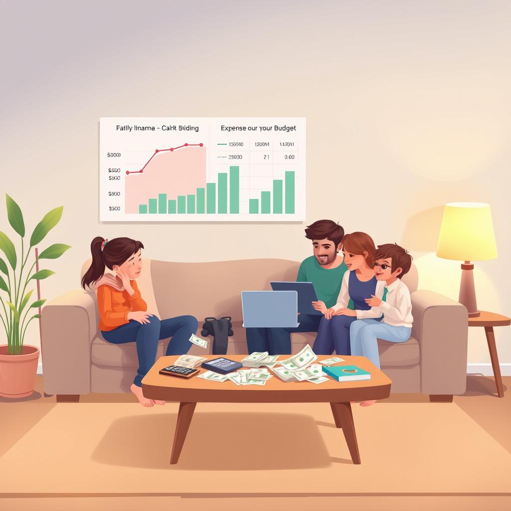 An illustration of a cozy living room depicting a family's financial flow