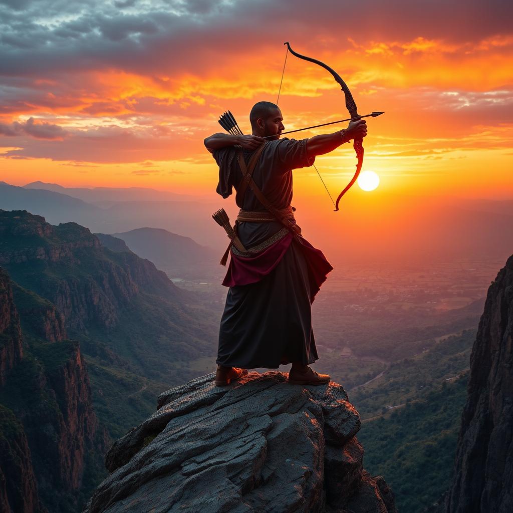 Arash Kamanger, the legendary archer of ancient Iran, stands proudly atop a rugged cliff, his figure silhouetted against a breathtaking sunrise