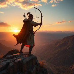 Arash Kamanger, the legendary archer of ancient Iran, stands proudly atop a rugged cliff, his figure silhouetted against a breathtaking sunrise