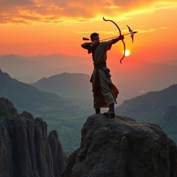 Arash Kamanger, the legendary archer of ancient Iran, stands proudly atop a rugged cliff, his figure silhouetted against a breathtaking sunrise