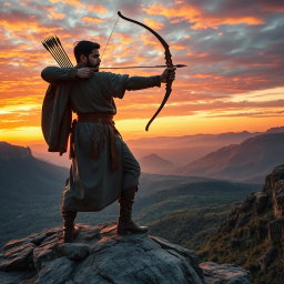 Arash Kamanger, the legendary archer of ancient Iran, stands proudly atop a rugged cliff, his figure silhouetted against a breathtaking sunrise