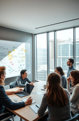 A modern conference room showcasing a group of diverse professionals engaged in a focused brainstorming session