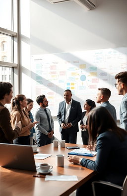 A modern conference room showcasing a group of diverse professionals engaged in a focused brainstorming session