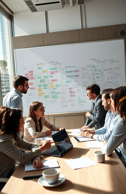 A modern conference room showcasing a group of diverse professionals engaged in a focused brainstorming session