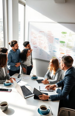 A modern conference room showcasing a group of diverse professionals engaged in a focused brainstorming session