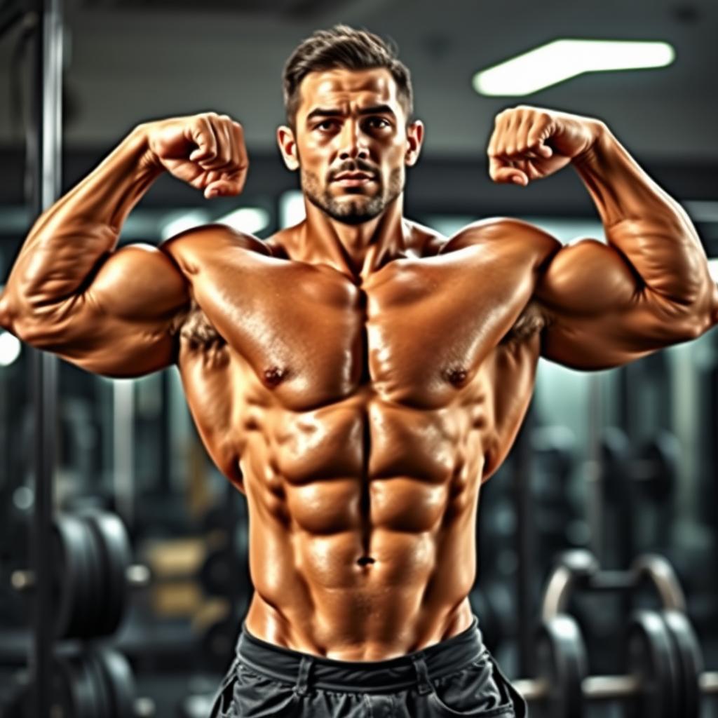 A stunning, muscular bodybuilder showcasing incredible physique, standing confidently in a powerful pose