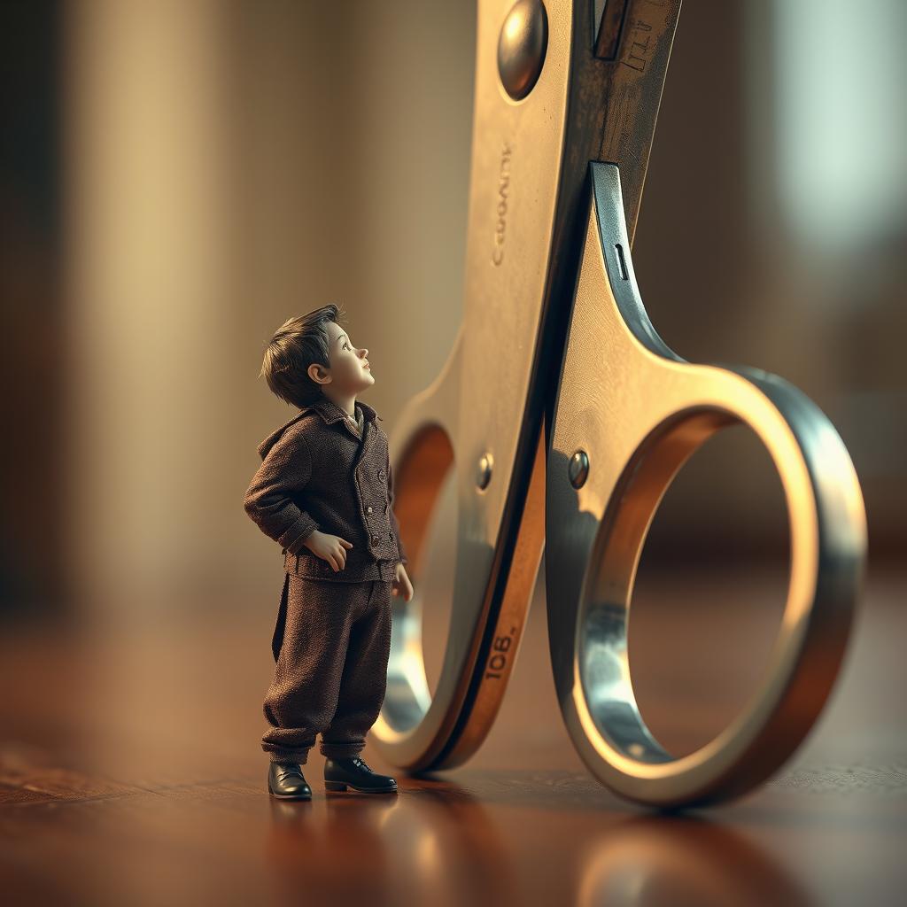 A hyper-realistic scene depicting a tiny tailor, no larger than a bottle cap, interacting with an enormous pair of scissors
