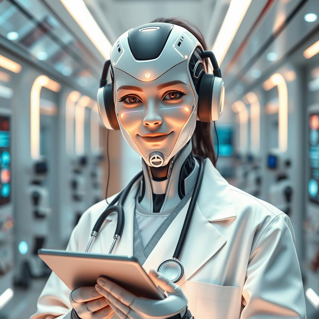 A futuristic AI doctor, wearing a sleek white lab coat with high-tech gadgets, has an ethereal glow emanating from their integrated digital interfaces