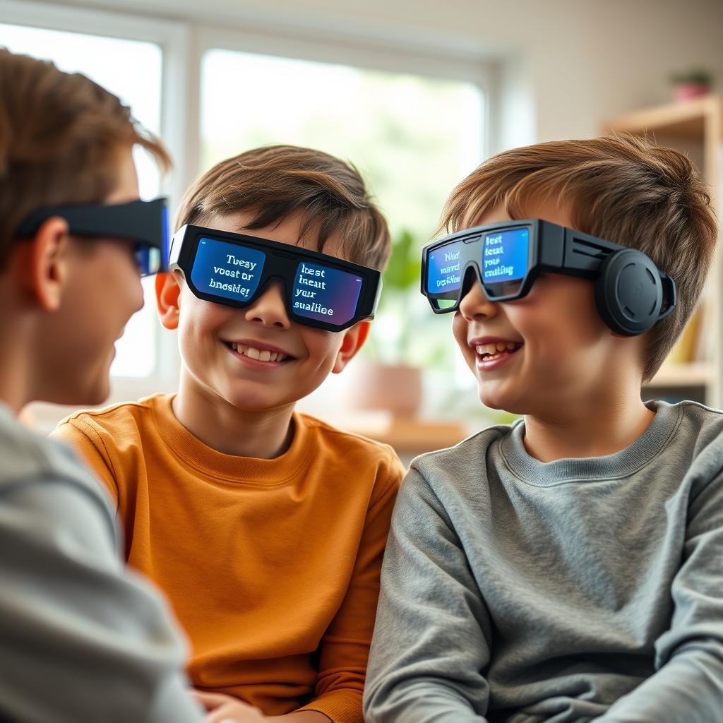 A scene depicting two young deaf boys wearing specialized smart glasses designed for the hearing impaired, engaging in a warm conversation with each other