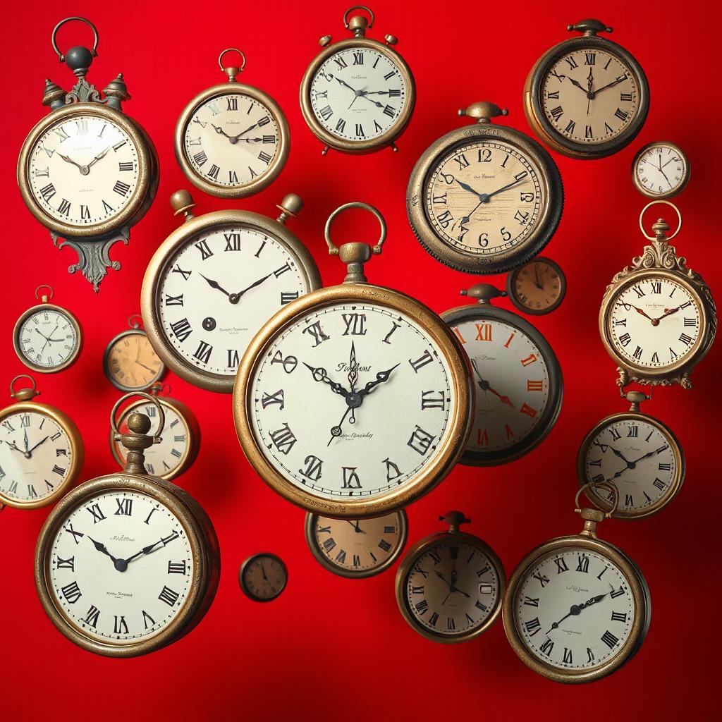 A whimsical scene featuring numerous vintage clocks of various styles, shapes, and sizes, all floating gracefully against a vibrant red background