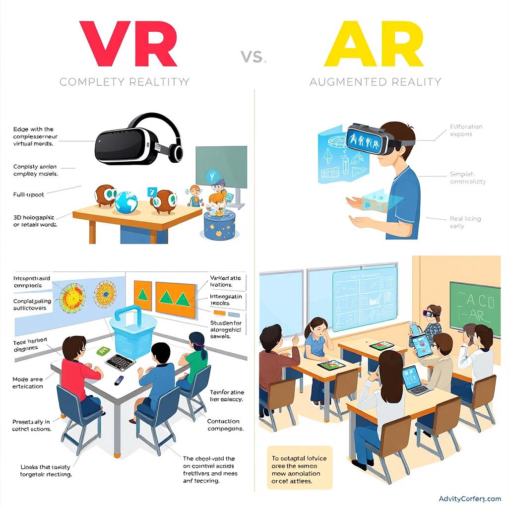 A detailed educational diagram showcasing the differences between Virtual Reality (VR) and Augmented Reality (AR)