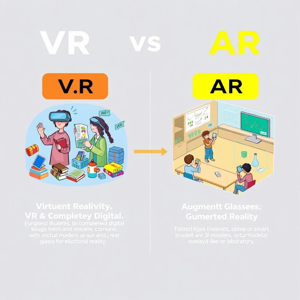 A detailed educational diagram illustrating the key differences between Virtual Reality (VR) and Augmented Reality (AR)