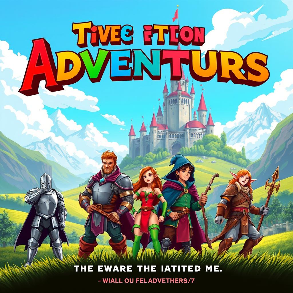 A vibrant and eye-catching poster design, featuring a fantasy landscape with a majestic castle in the background, surrounded by lush green hills and a bright blue sky