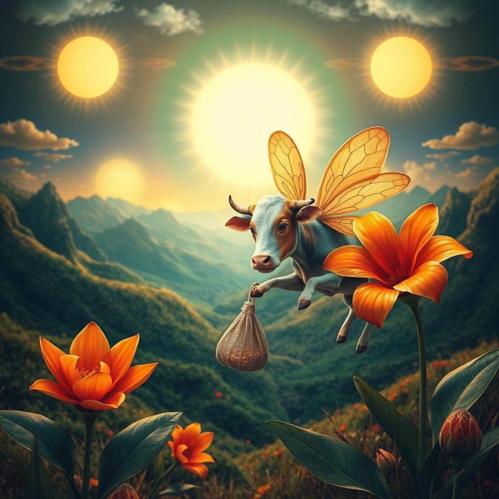 A whimsical scene featuring a cow with dragonfly wings collecting pollen in a bag from a tropical flower