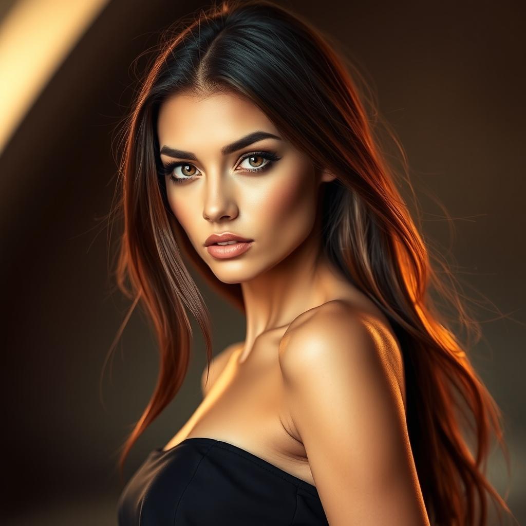 A strikingly beautiful woman with slender features and long, flowing hair