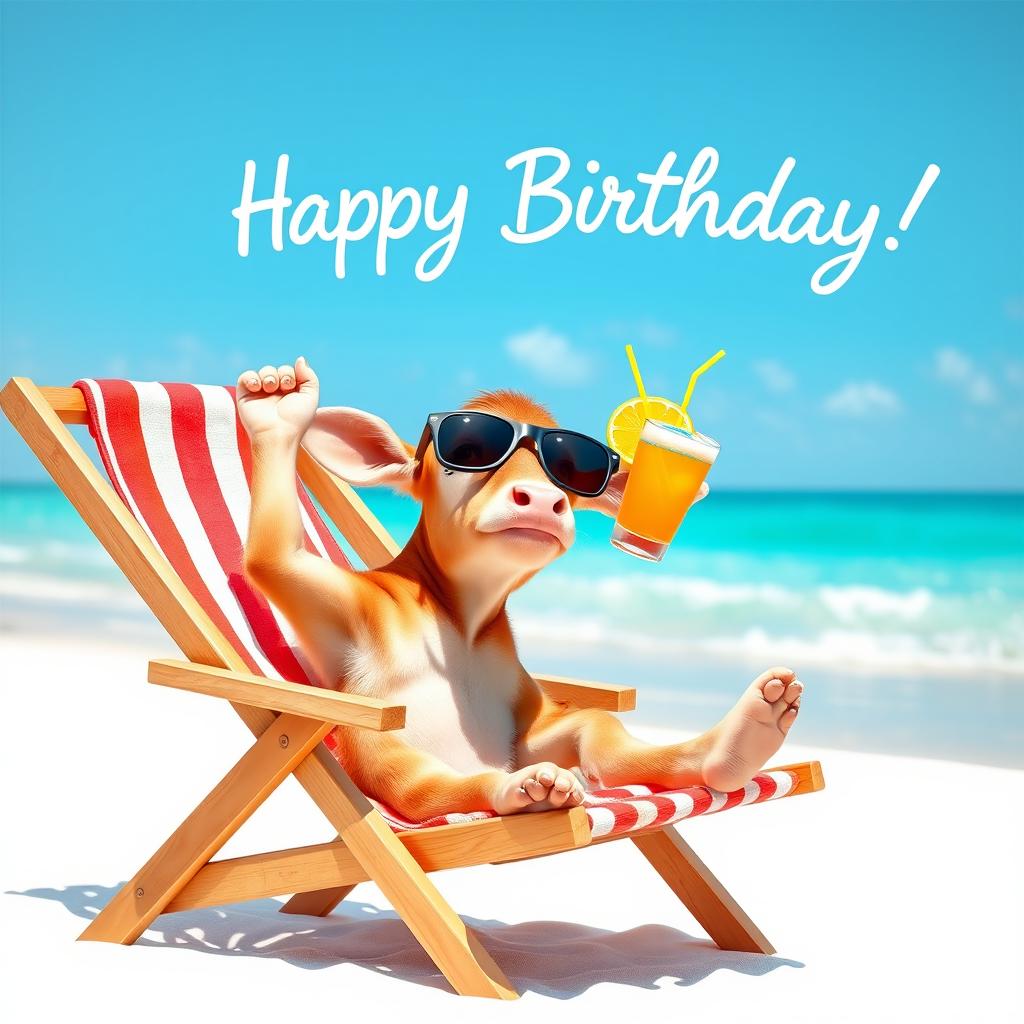 A cute calf lounging in a deck chair on a white sandy beach, lifting its sunglasses above its eyes with one hoof, while holding a cocktail with straws in the other hoof