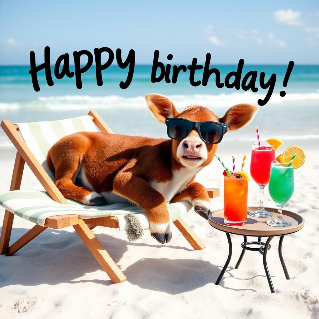A cute calf lying on a deck chair by the seaside with white sand, wearing sunglasses
