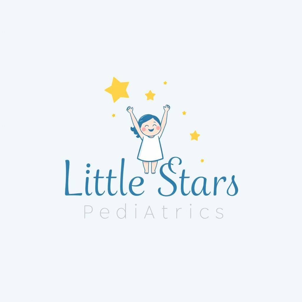A logo for a pediatric clinic named "Little Stars Pediatrics", featuring a sweet child character at the center joyfully reaching for a twinkling star