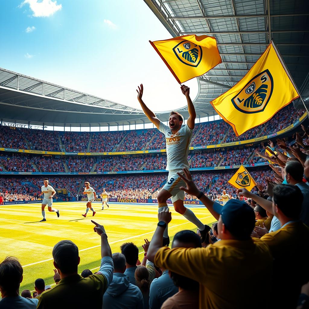 A dynamic and energetic scene capturing the excitement of a Championship football match featuring Leeds United, celebrating a recent victory