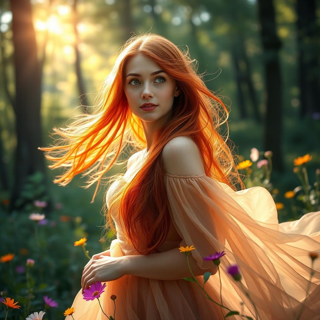 A beautiful woman with long, flowing red hair and sparkling green eyes gazes thoughtfully into the distance