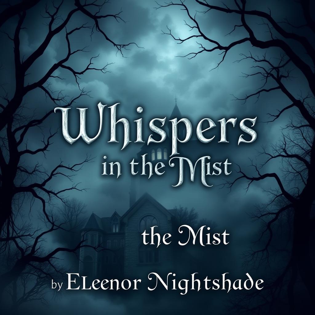 A captivating book cover design for 'Whispers in the Mist' by Eleanor Nightshade, showcasing a dark and mysterious Gothic horror theme