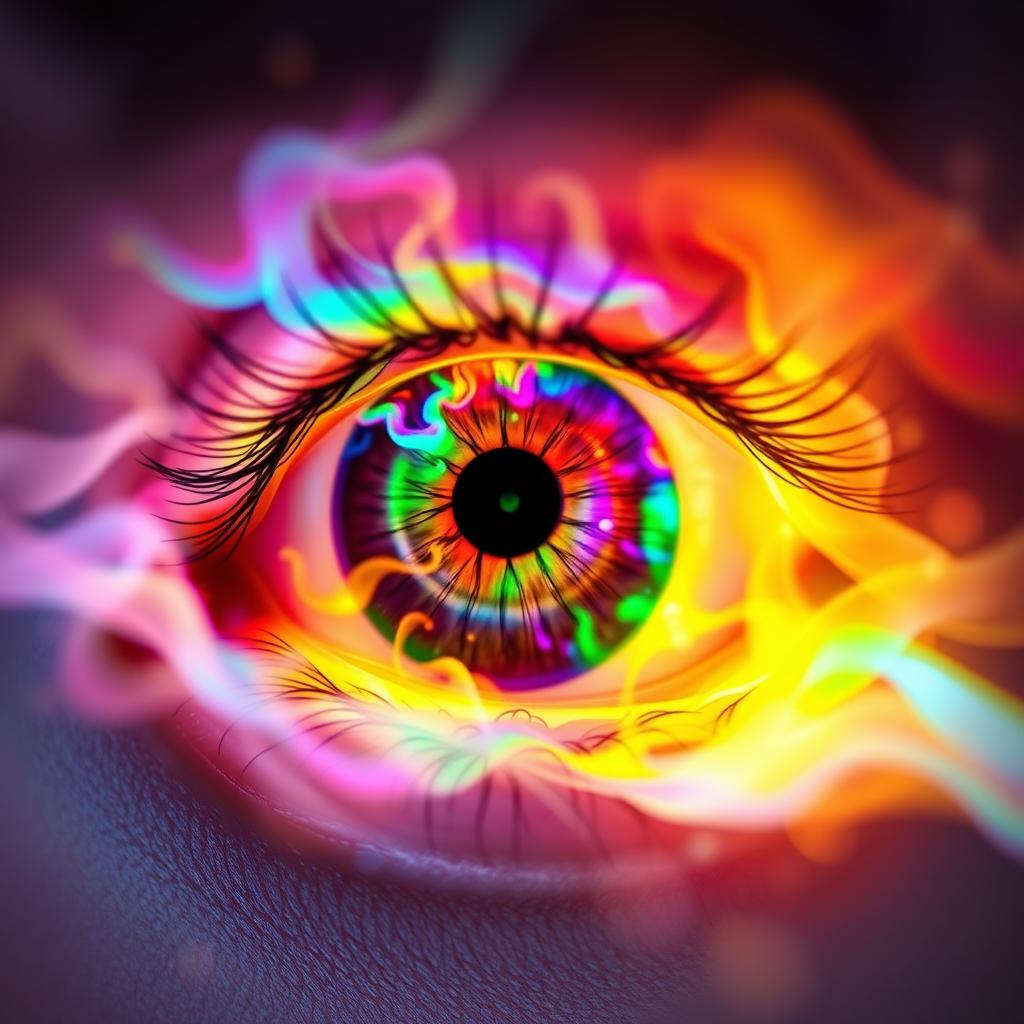 A surreal representation of a person's eye filled with vibrant, colorful gases swirling around