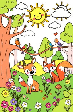 A vibrant and engaging coloring page designed for children, featuring a whimsical forest scene