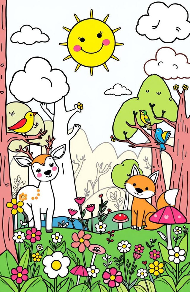 A vibrant and engaging coloring page designed for children, featuring a whimsical forest scene