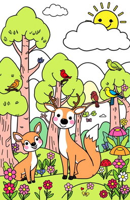 A vibrant and engaging coloring page designed for children, featuring a whimsical forest scene