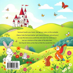 A delightful book back cover design for children, featuring an enchanting landscape with a whimsical castle, lush green hills, and a bright blue sky