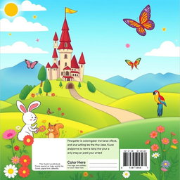 A delightful book back cover design for children, featuring an enchanting landscape with a whimsical castle, lush green hills, and a bright blue sky