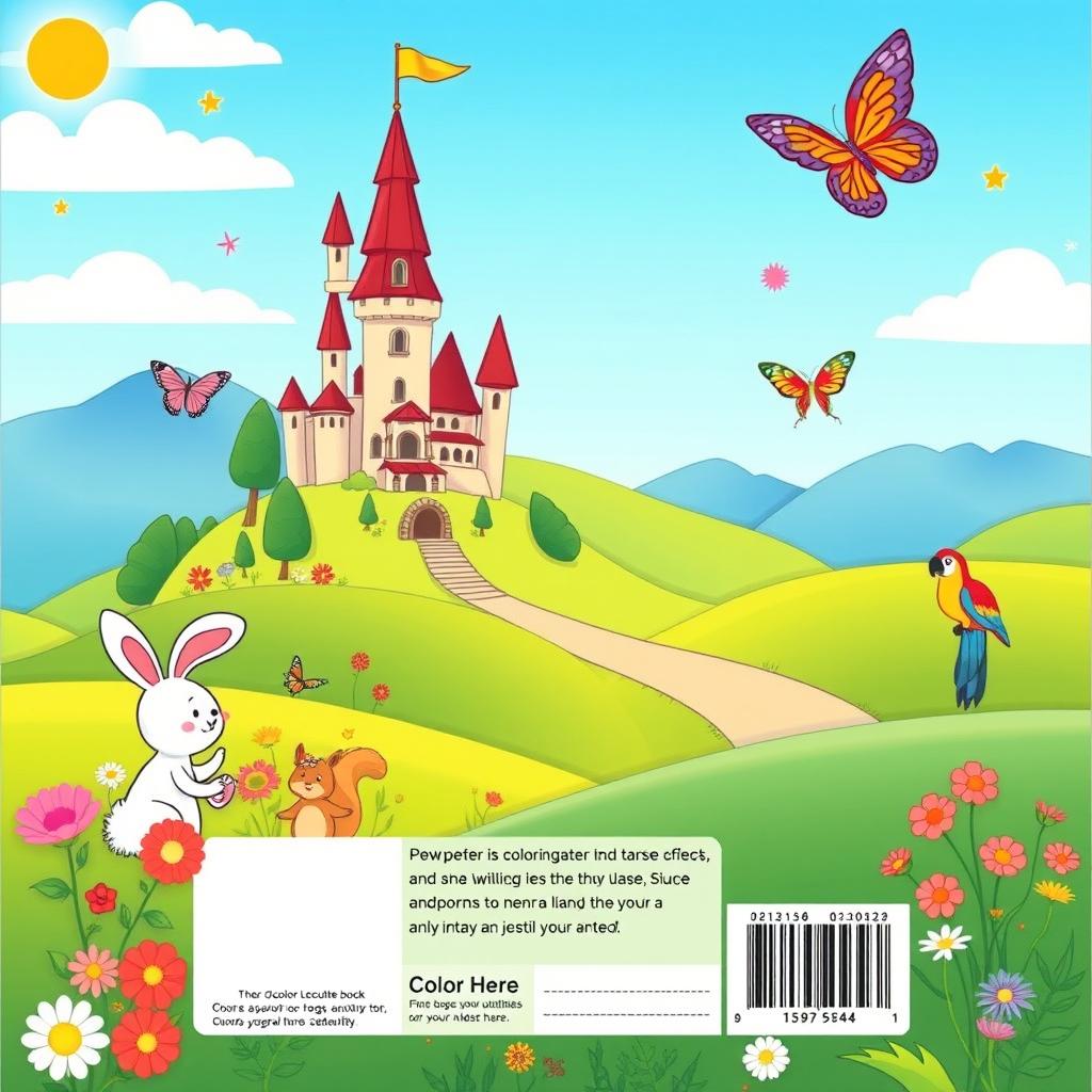 A delightful book back cover design for children, featuring an enchanting landscape with a whimsical castle, lush green hills, and a bright blue sky
